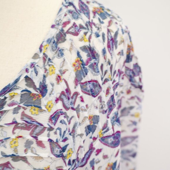 LC Lauren Conrad White Purple Blue Floral Sheer Scoop Neck Blouse Capped Large L - Picture 4 of 12